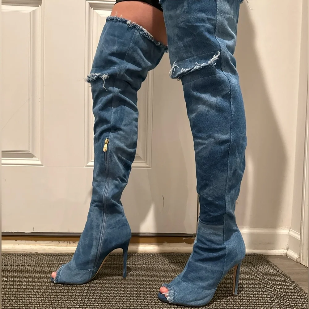 DENIM Over-the-Knee Peep-Toe Boots - Blue - Picture 4 of 9